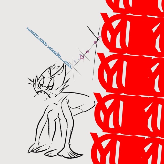 Kist doing a squat, touching the ground and having a angered face on.  Garbled text goes in a V-shape above their head, while loud, red piled text comes in to fill the right half of the page